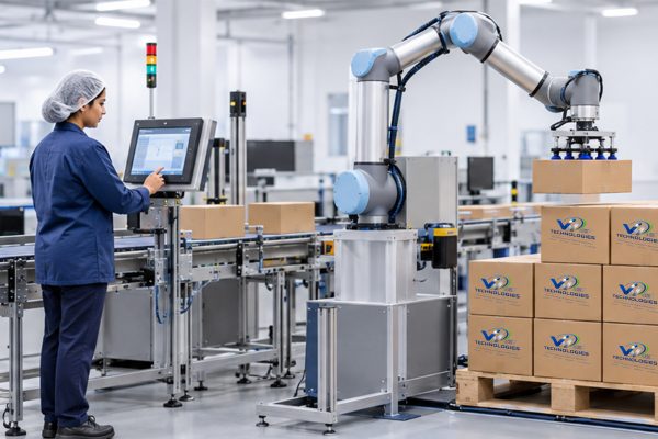Pharmaceutical factory workers in sterile environment Cobot Palletizer